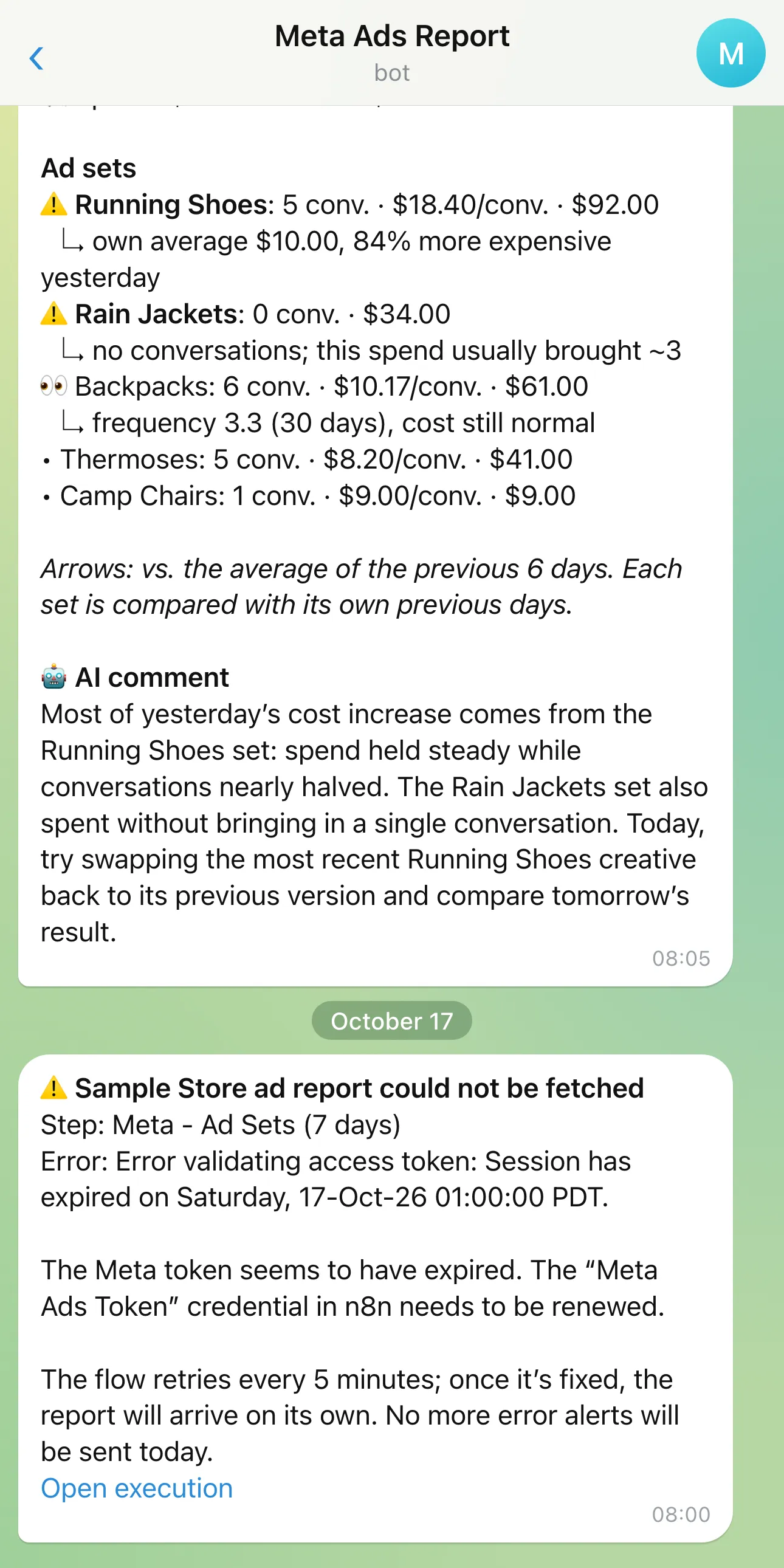 A sample of the error alert that comes in when the Meta token expires: which step stopped, why, and what needs doing.
