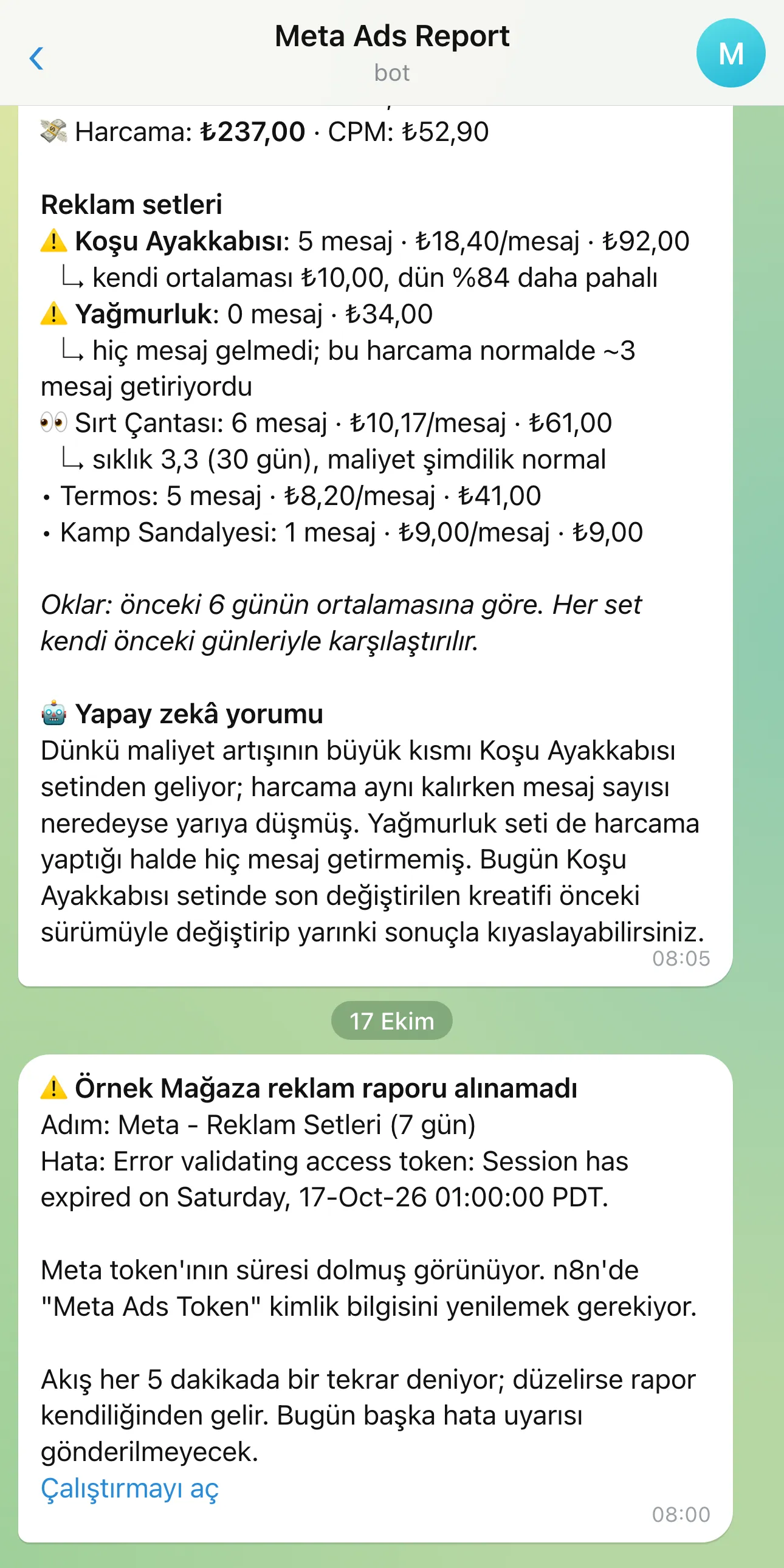 Temsili örnek: Meta token’ının süresi dolunca gelen hata uyarısı. Hangi adımda, neden durduğunu ve ne yapmak gerektiğini söylüyor.