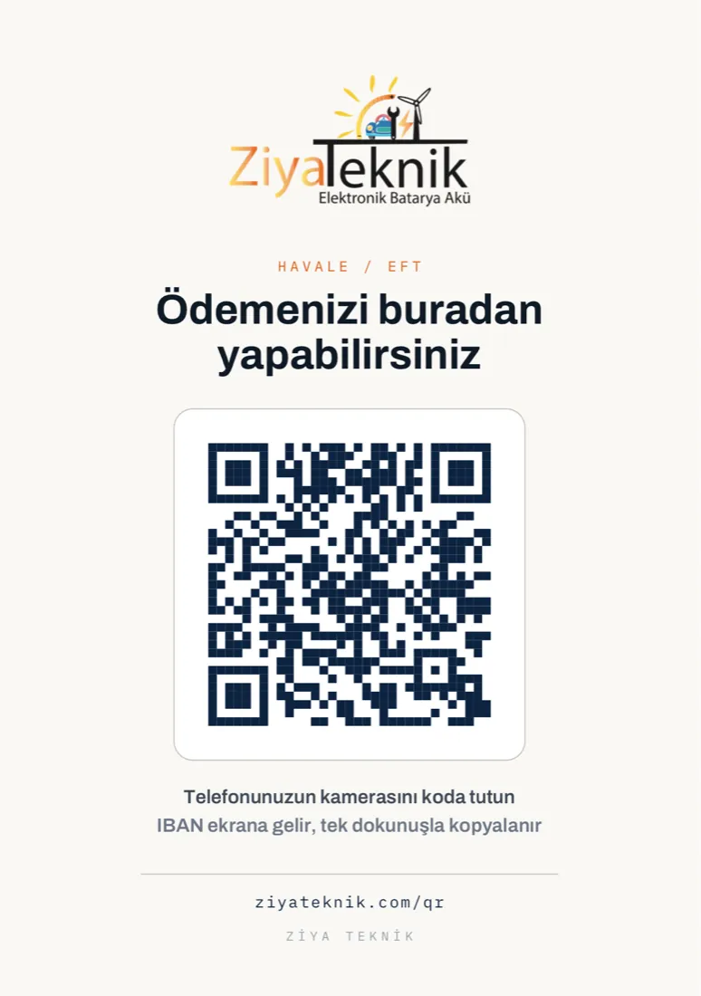 Tezgâha asılan A5 tabela. Müşteriye "takip edin" demiyor, zaten yapacağı şeyi söylüyor: ödemenizi buradan yapabilirsiniz.