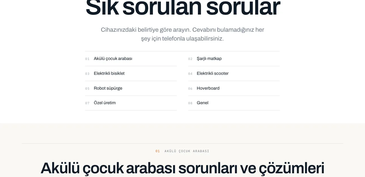 SSS sayfası. 83 soru, cihaza göre sekiz gruba ayrılmış. Sorular kurumsal dille değil, belirtiyle yazıldı.
