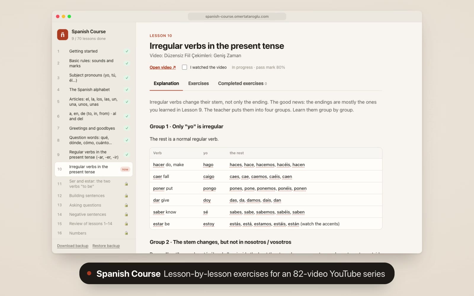 The Spanish course in use: the locked lesson list, English meanings on hover, exercises, the check and the next lesson unlocking