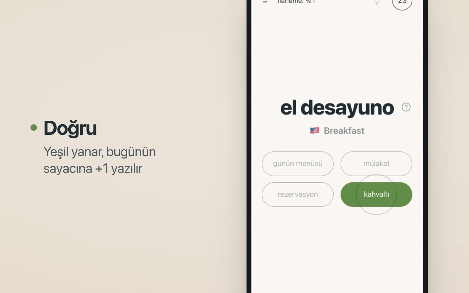 Palabra kullanılırken: doğru, yanlış ve ipucuyla verilen cevaplar, kelime durumu ve menü